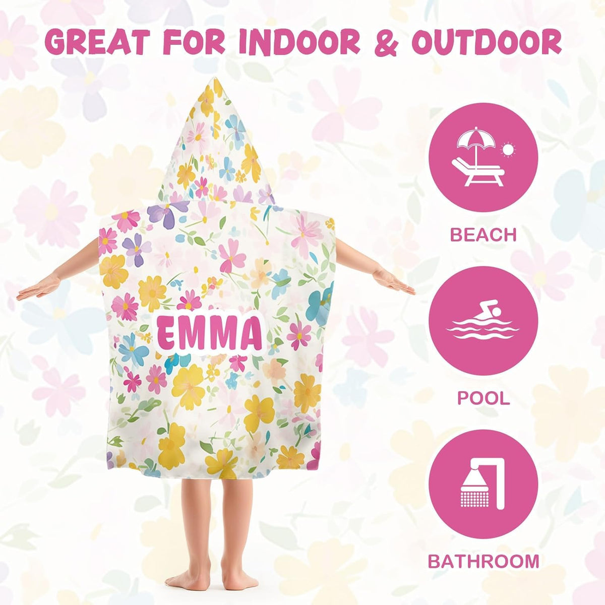 Personalized Kids Hooded Beach Towel for 3-8 Years Girls Boys Pink Flower&Tropical Fish
