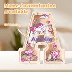 Personalized Wooden Letter Piggy Bank - Colorful Unicorn Style