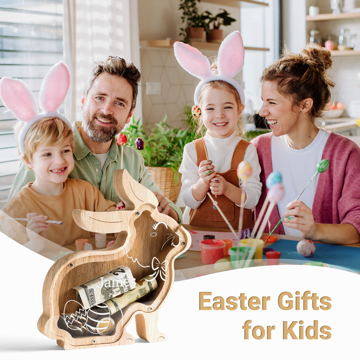 Personalized Wooden Rabbit Piggy Bank - Custom Name, Face & Outfit | Kids' Educational Money Bank (Birthday, Easter, Anniversary Keepsake)