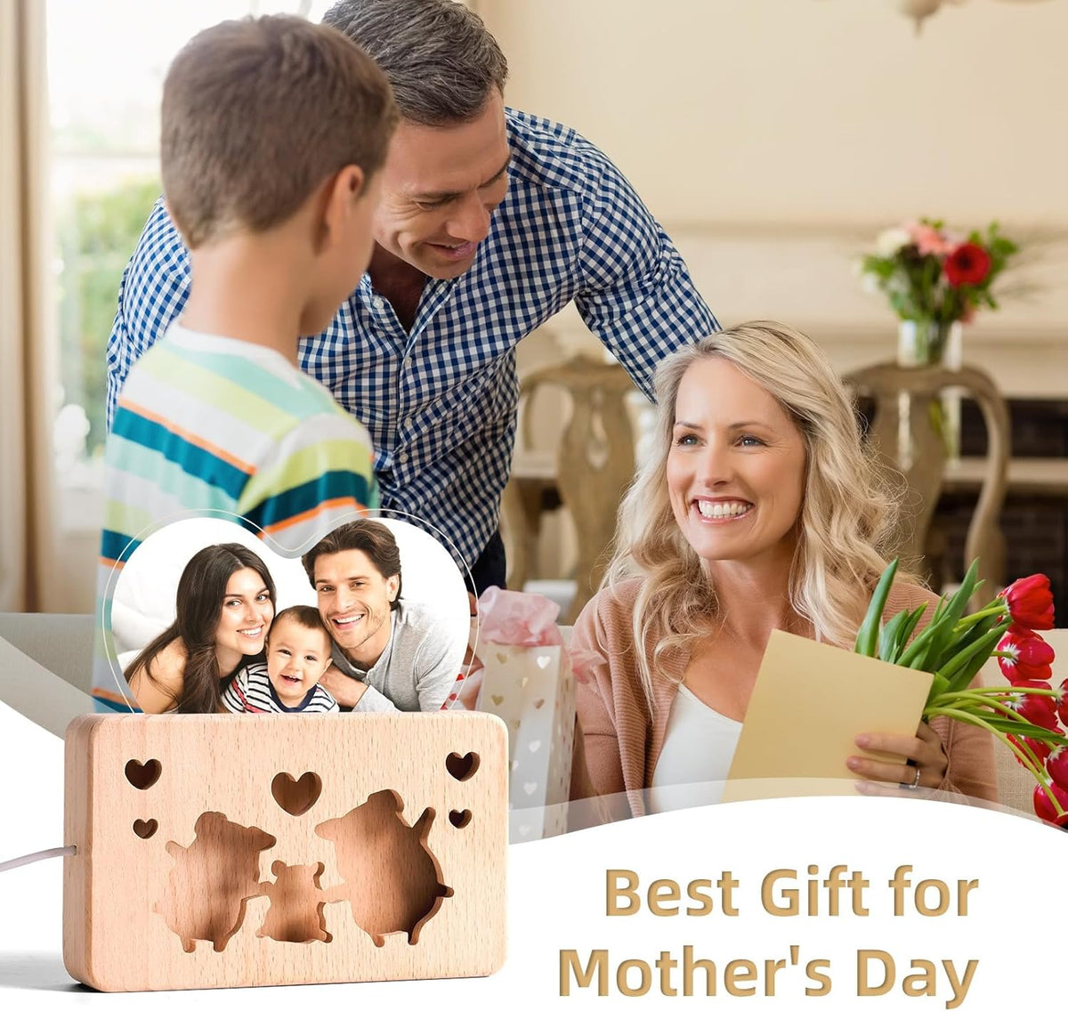 Personalized Mothers Gifts for Mom, Custom Night Light with Photo Frame, Memorial Picture Frames with Customized Wooden Base, Mother's Day Anniversary Birthday Gifts for Family Kids Couples (Piggy)