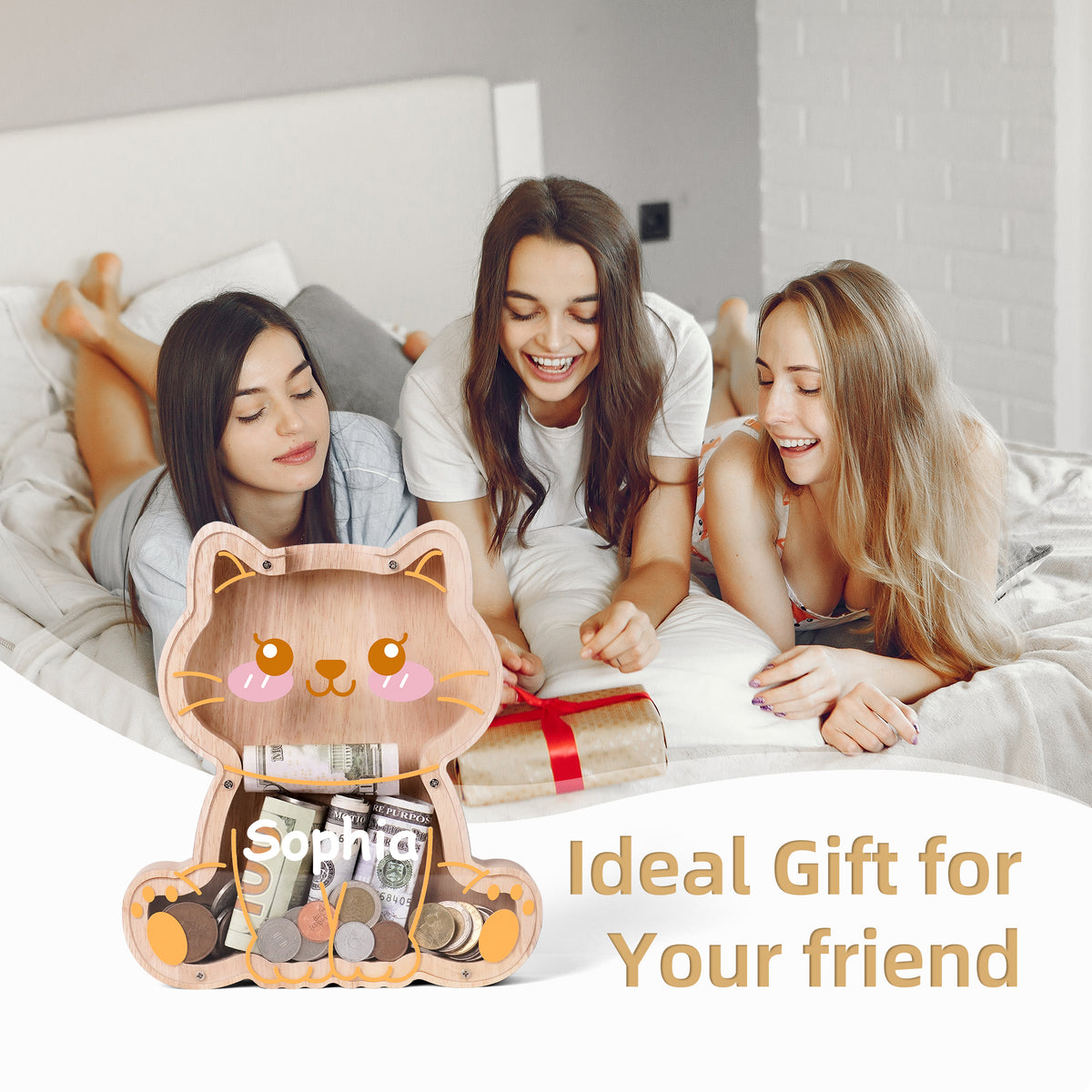 Wooden sitting cat Piggy Banks for Kids