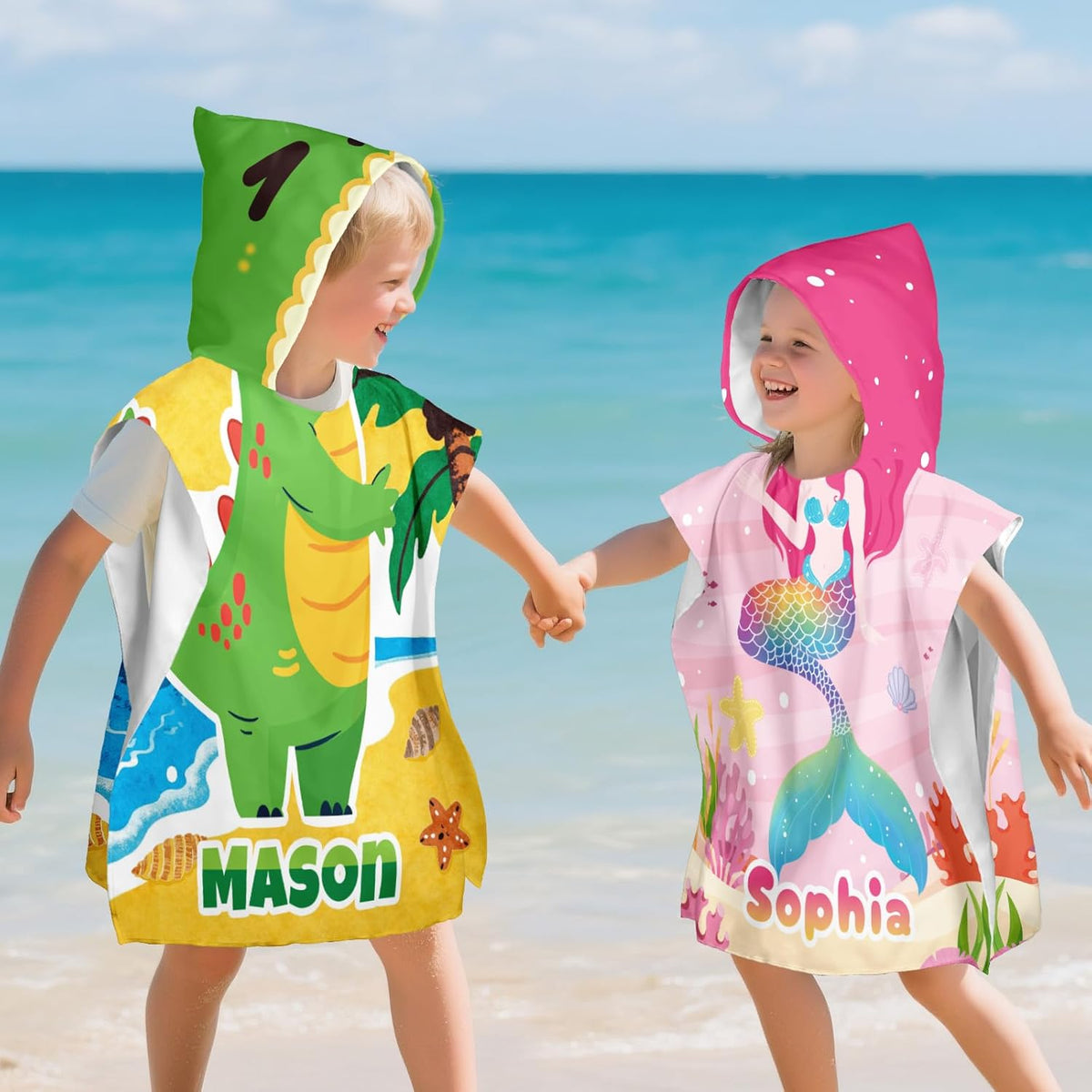 Personalized Beach Towels for Kids Green Dinosaur&Pink Mermaid