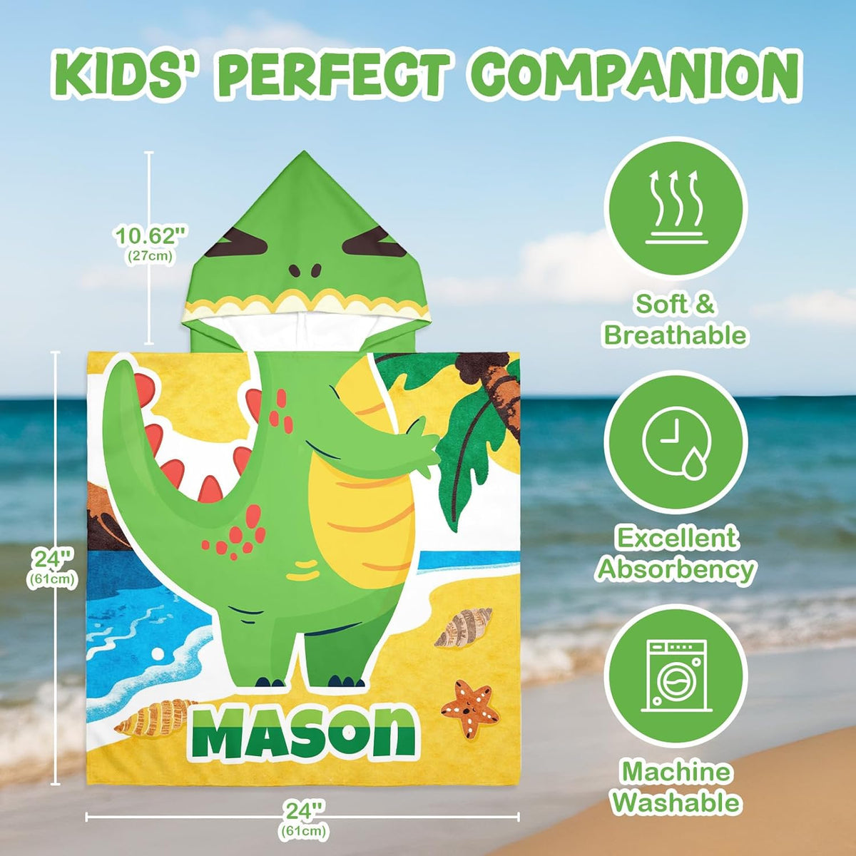 Personalized Beach Towels for Kids Green Dinosaur&Pink Mermaid