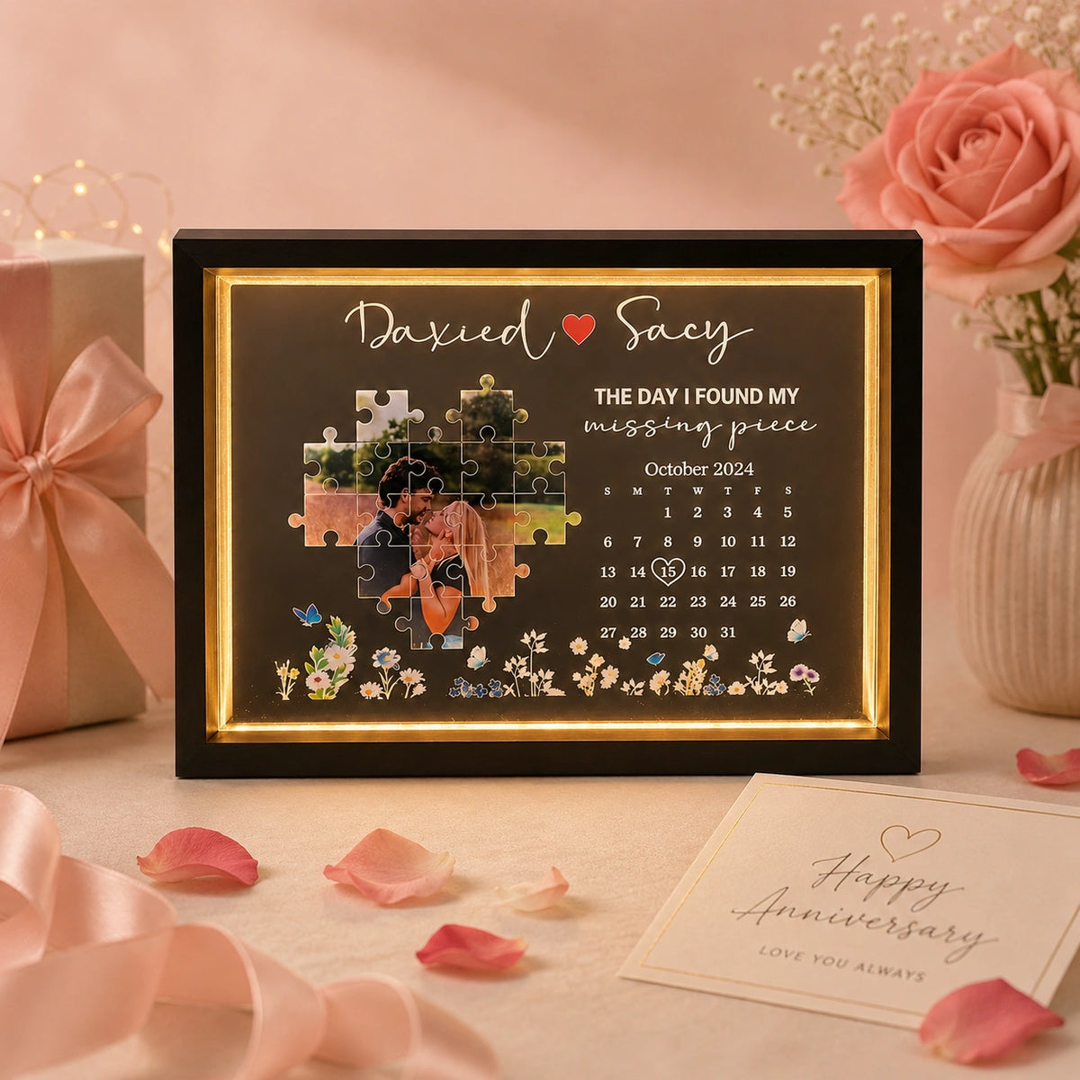 Personalized "Missing Piece" Photo Light Frame - Custom Anniversary Calendar Gift for Couples