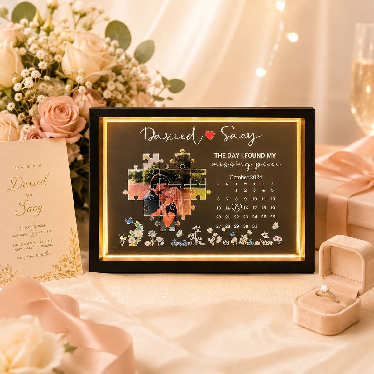 Personalized "Missing Piece" Photo Light Frame - Custom Anniversary Calendar Gift for Couples