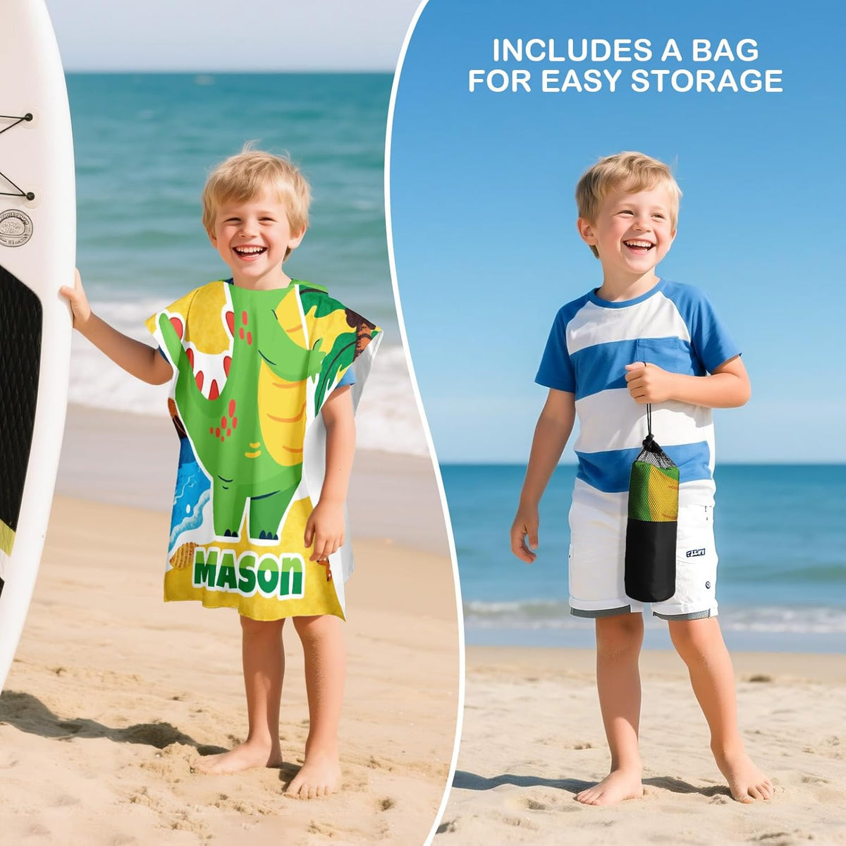 Personalized Beach Towels for Kids Green Dinosaur&Pink Mermaid