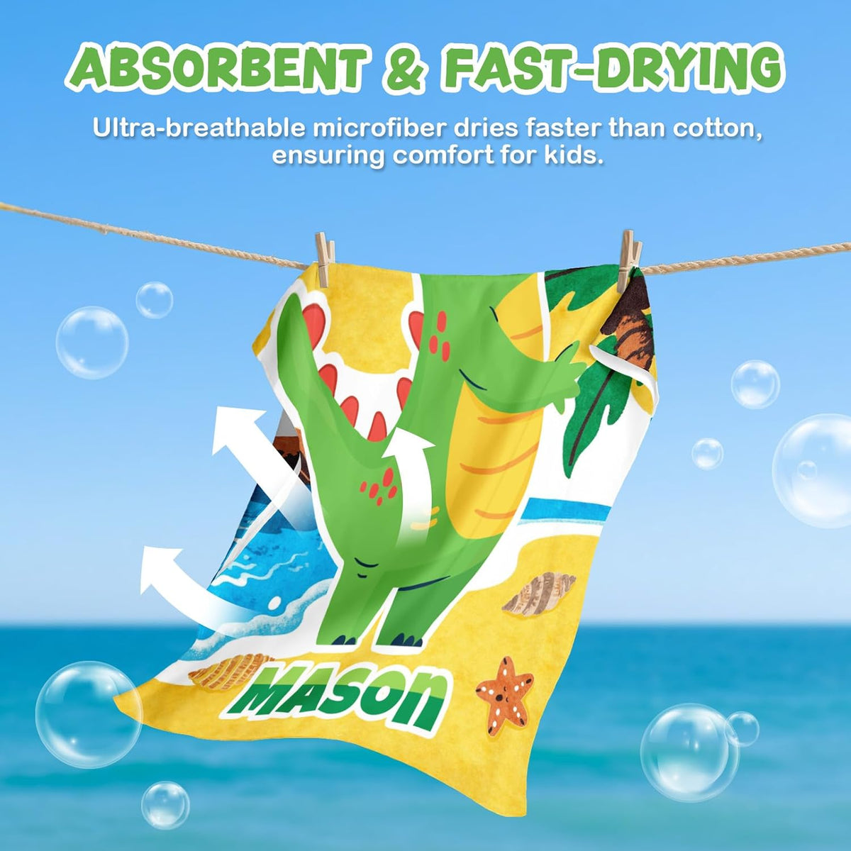 Personalized Beach Towels for Kids Green Dinosaur&Pink Mermaid