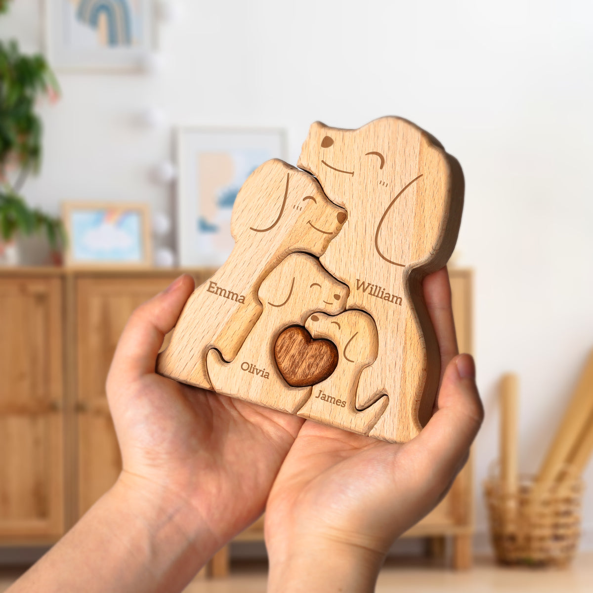 Wooden Dogs Family Puzzle, Personalized Puzzles with 2-5 Names, Unique Mothers Puzzle Gifts for Mom Dad and Kids
