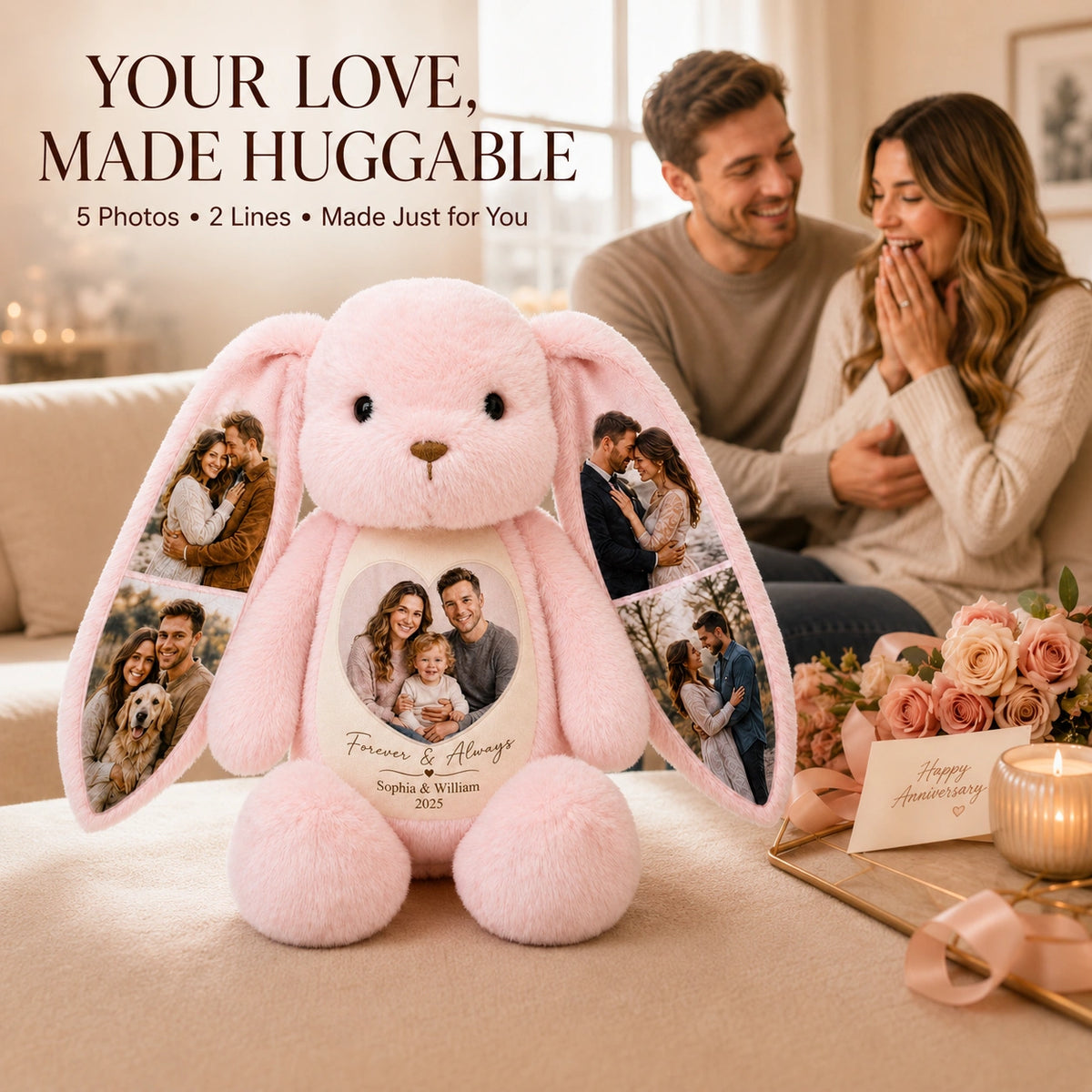 Personalized Photo Memory Bunny – Custom Couple Gift with 5 Photos & Message