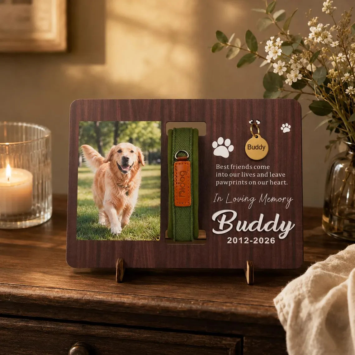 Pet Loss Gift for Dog Cat Lovers, Custom Memorial Wood Frame with Collar Display, Personalized Photo Frame with Name Date,Pet memorial gifts