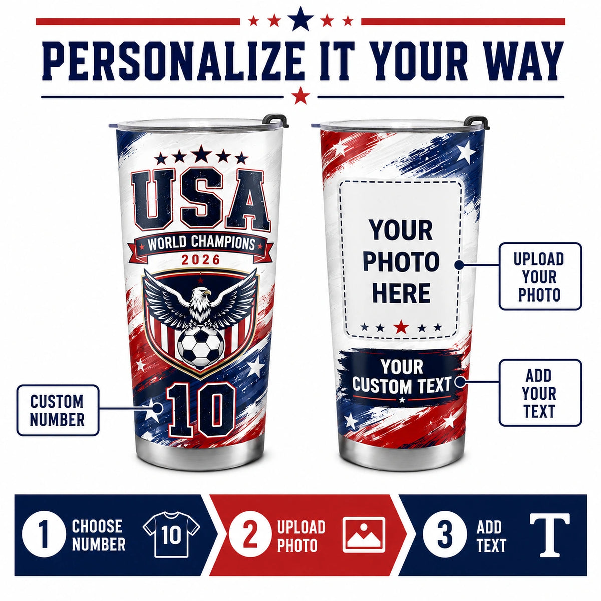 World Cup 2026 Personalized Tumbler – USA Soccer Fan 20oz Stainless Steel Travel Mug