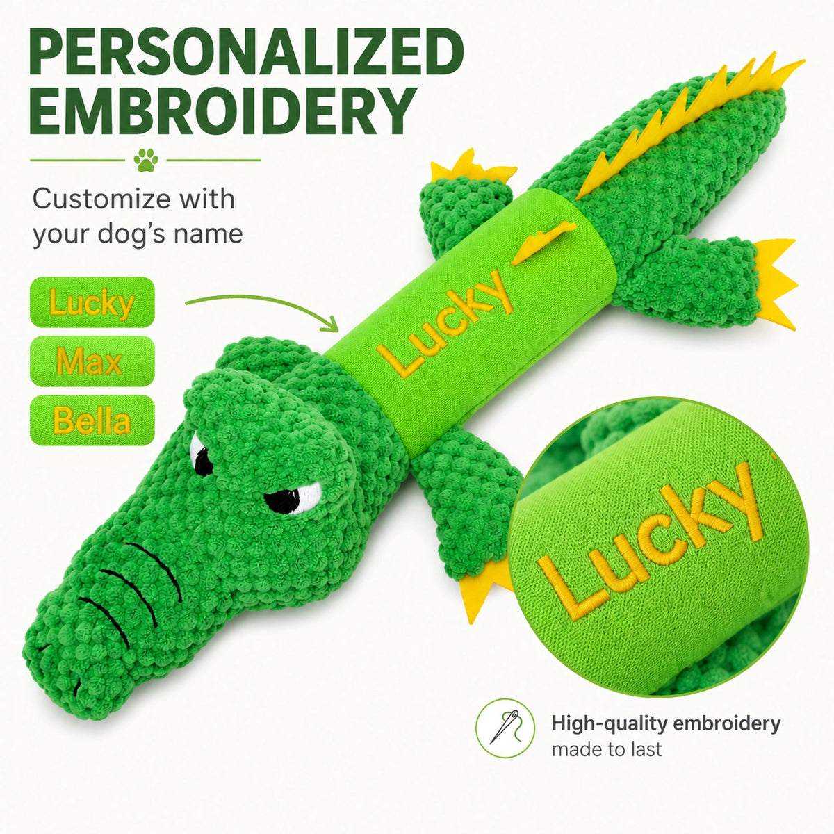 Custom Embroidered Crocodile Dog Toy - Squeaky & Durable Plush