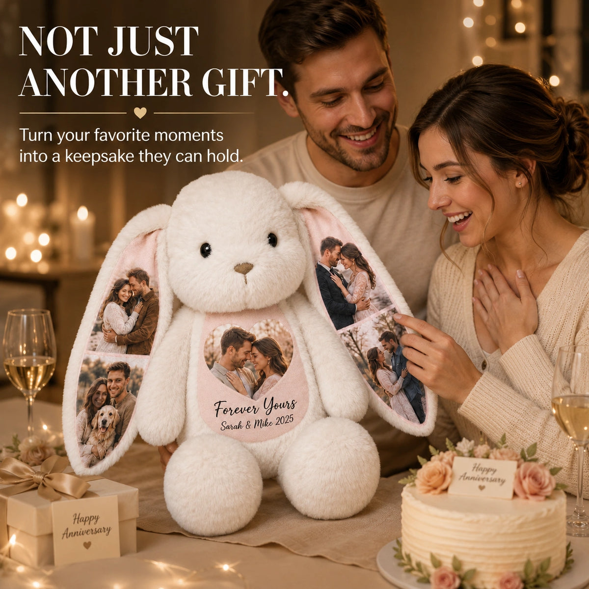 Personalized Photo Memory Bunny – Custom Couple Gift with 5 Photos & Message