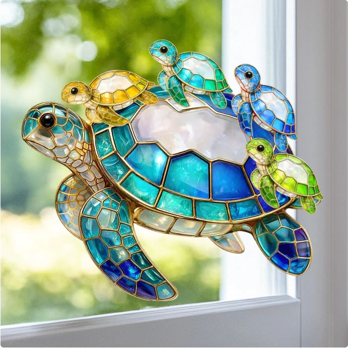 Turtle Stained Glass Mom Grandma - Personalized Window Hanging Suncatcher Ornament