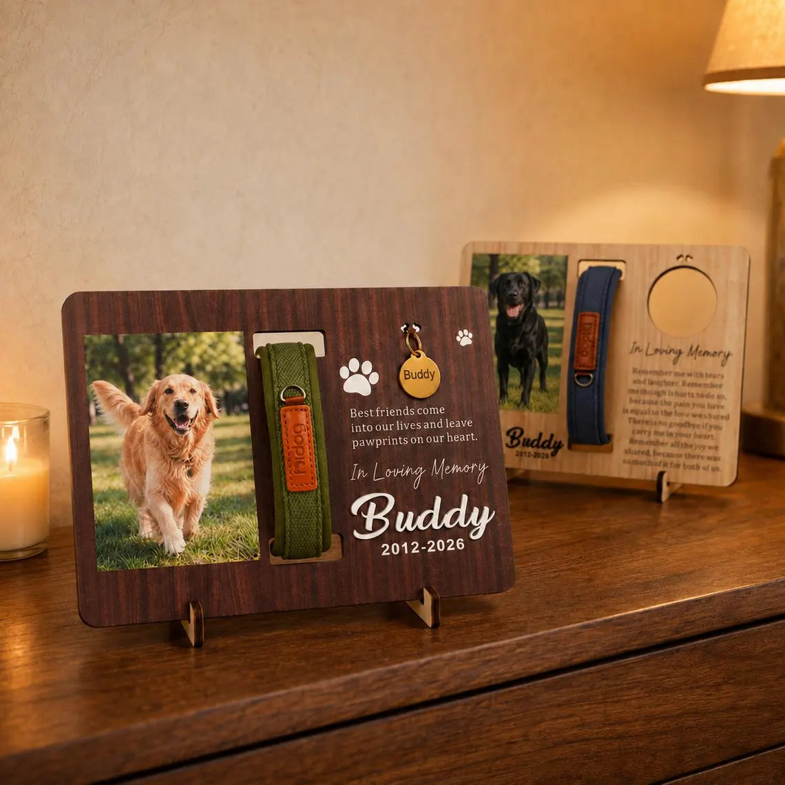 Pet Loss Gift for Dog Cat Lovers, Custom Memorial Wood Frame with Collar Display, Personalized Photo Frame with Name Date,Pet memorial gifts