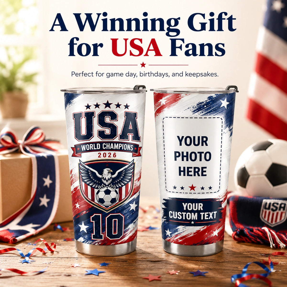 World Cup 2026 Personalized Tumbler – USA Soccer Fan 20oz Stainless Steel Travel Mug