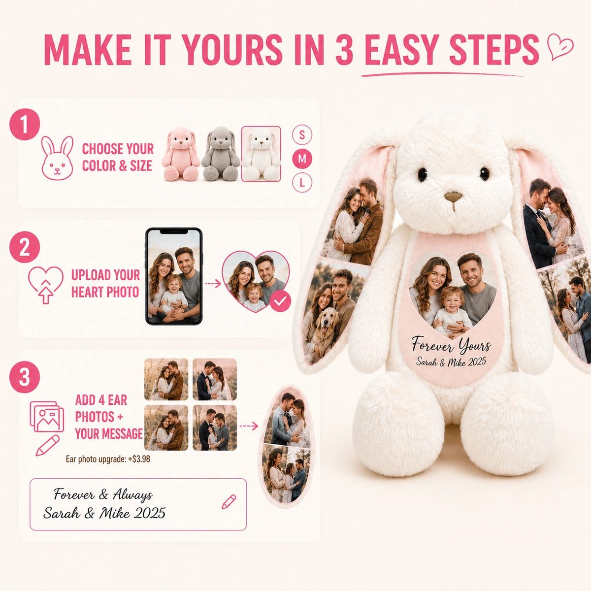Personalized Photo Memory Bunny – Custom Couple Gift with 5 Photos & Message