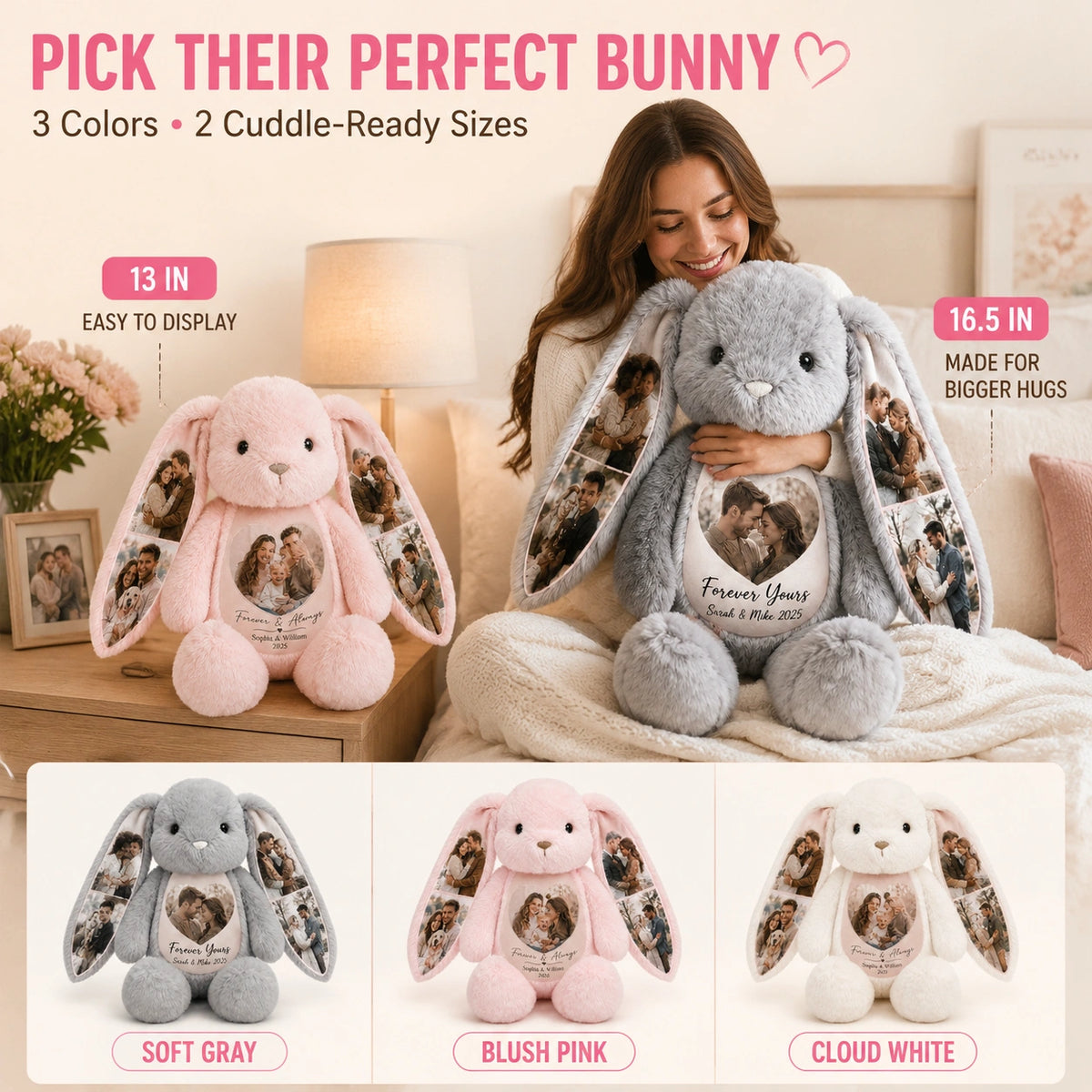 Personalized Photo Memory Bunny – Custom Couple Gift with 5 Photos & Message