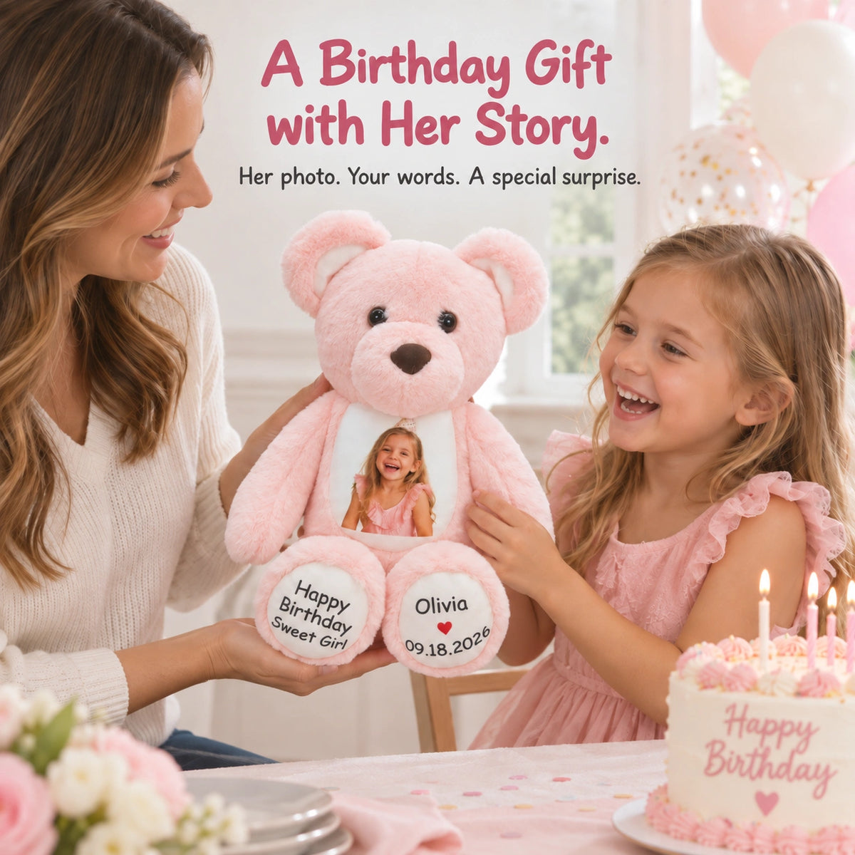 Pink Teddy Bear for Kids – Add a Photo & Paw Messages