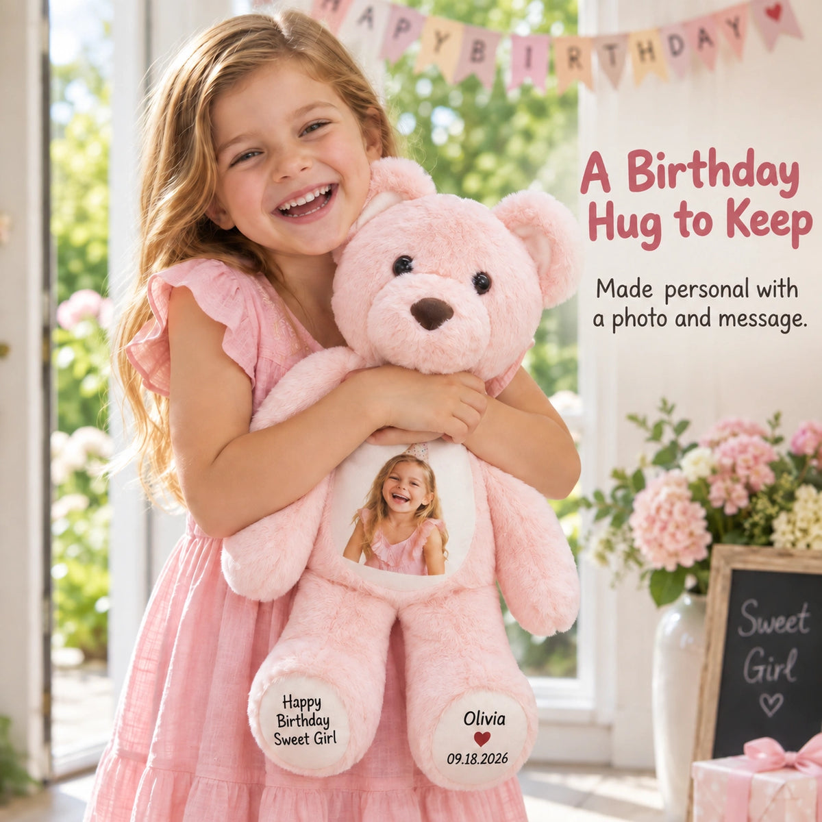 Pink Teddy Bear for Kids – Add a Photo & Paw Messages