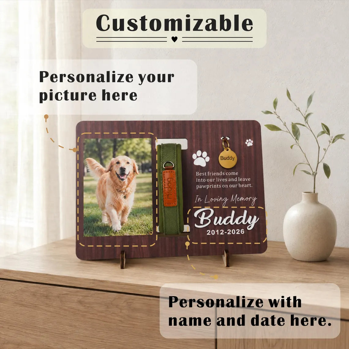 Pet Loss Gift for Dog Cat Lovers, Custom Memorial Wood Frame with Collar Display, Personalized Photo Frame with Name Date,Pet memorial gifts