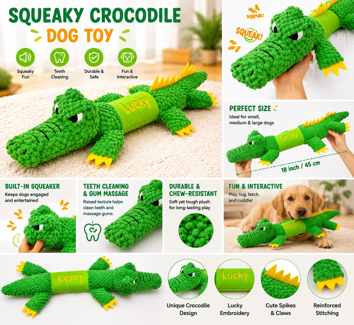 Custom Embroidered Crocodile Dog Toy - Squeaky & Durable Plush