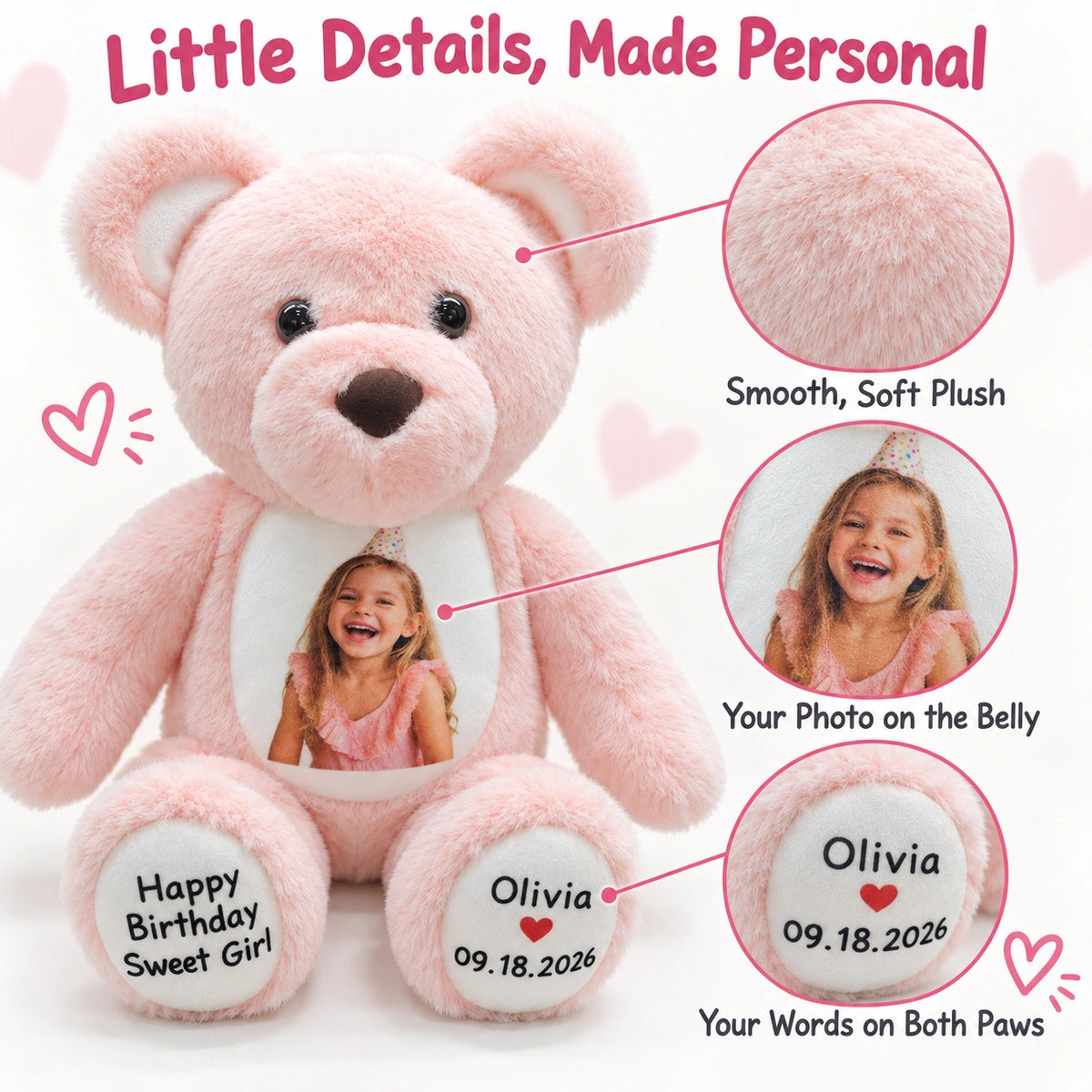 Pink Teddy Bear for Kids – Add a Photo & Paw Messages
