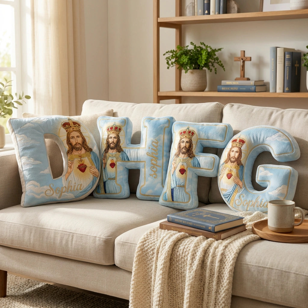 Personalized Jesus Cross Letter Pillow with Custom Name Home Decor Graphic 3D Print Pillow Religious Faith Gift for Christians Jesus Lover Gift