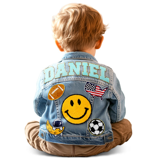 Kids Custom Jacket, Denim Patch Jacket with Personalized Name Tags, 1-3 Toddler 3-8 Kids Jean Jacket Back to School Outfits 1-2 Year Old Boy Birthday Gift 2-4 Year Old Girl Birthday Gift