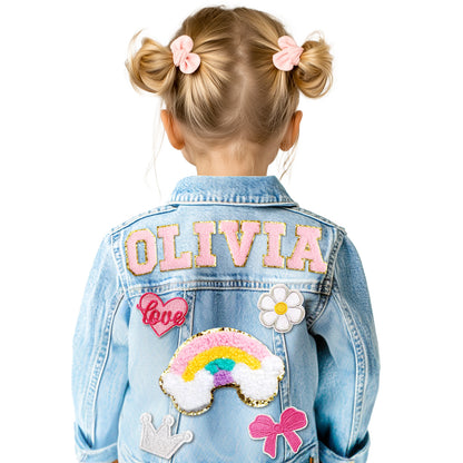 Kids Custom Jacket, Denim Patch Jacket with Personalized Name Tags, Girls Spring&Fall Ouewear Jackets, Girls School Clothes Outfits for Girls Boys 1-8 Birthday Christmas Gift for Kids