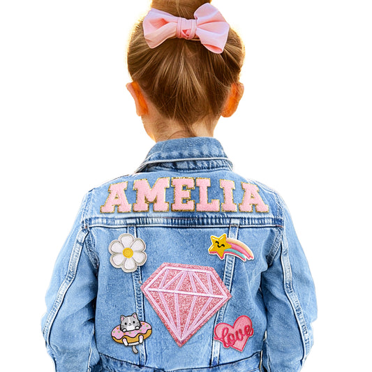 Kids Custom Jacket, Denim Patch Jacket with Personalized Name Tags, Girls Outerwear Jackets & Coats, Girls School Clothes Back to School Clothes Outfits for Girls Boys 1-8 Birthday Gift