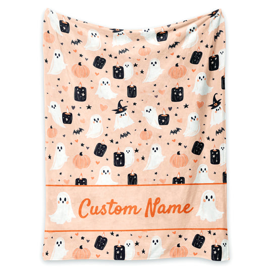 Halloween Throw Blanket Cute Pink Ghost and Pumpkin Candle Blanket with Personalized Name Soft Fuzzy Plush for Couch Sofa or Bed Luxury Flannel Lap Blanket for Kids Adults Wife Self