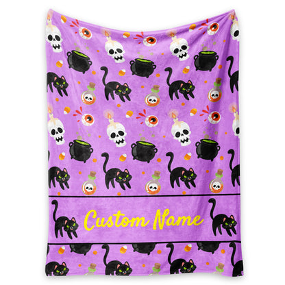 Custom Halloween Blanket, Personalized Skull and Black Cat Cozy Fleece Name Blanket for Kids Boys Girls Women Men, Cozy Plush Name Blanket Halloween Decor Gift for Toddlers Kids Couch