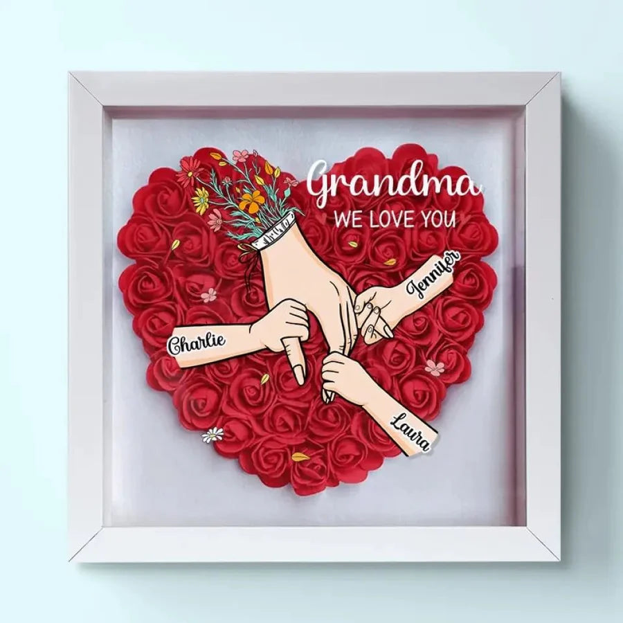 We Love You Mommy Hand Holding - Personalized Flower Shadow Box - Mother's Day