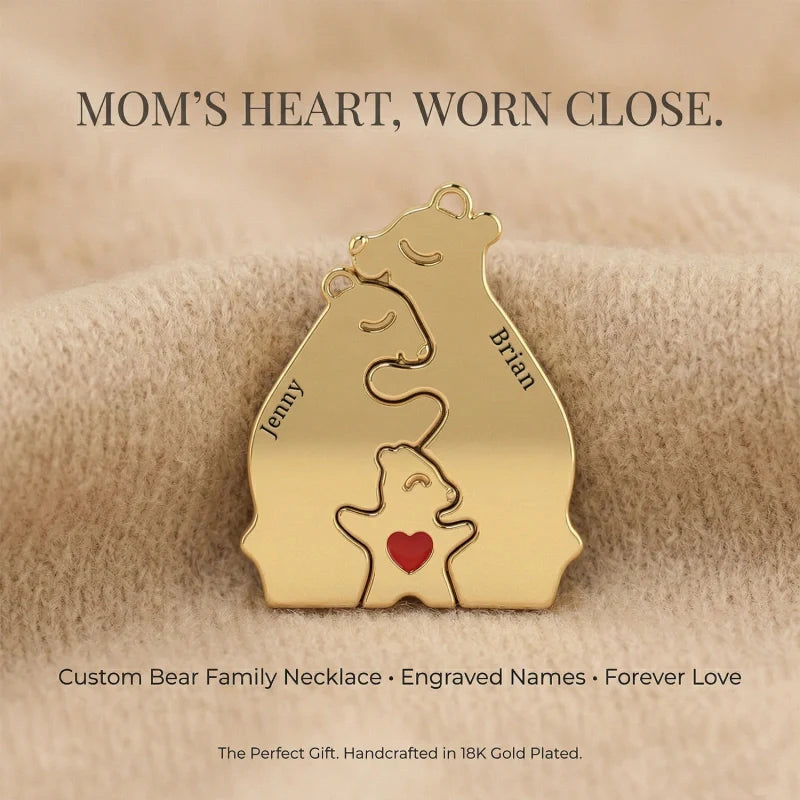 Personalized Bear Family Necklace - 18K Gold Plated Custom Name Pendants