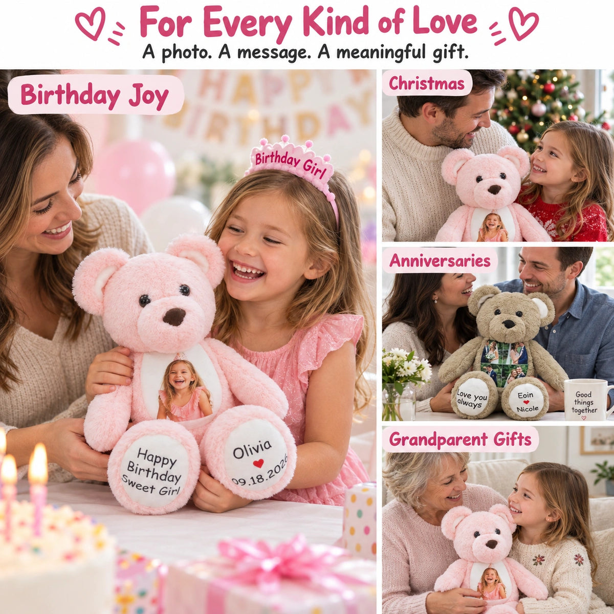 Pink Teddy Bear for Kids – Add a Photo & Paw Messages