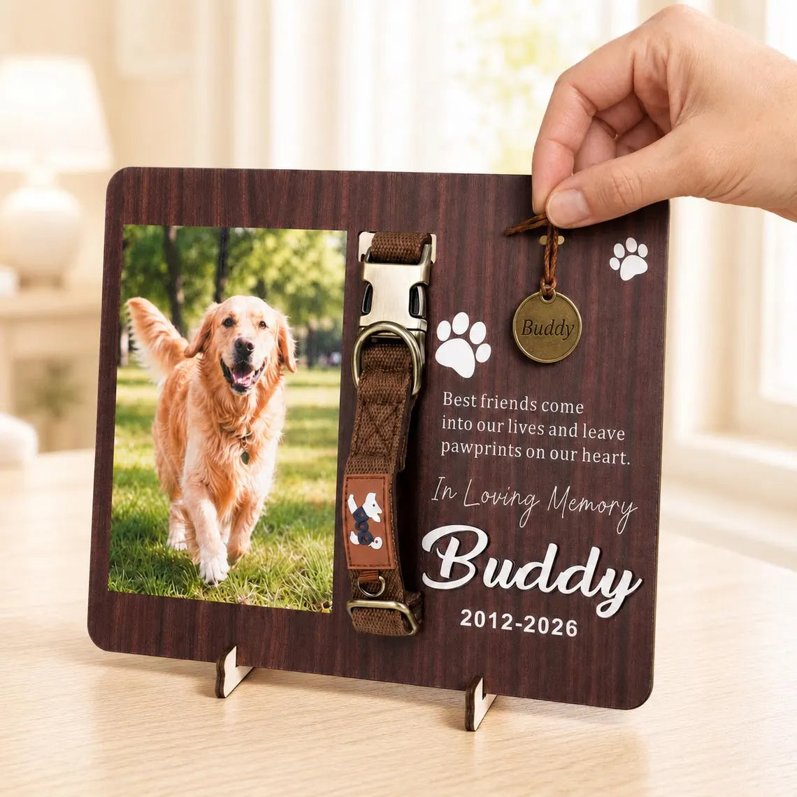 Pet Loss Gift for Dog Cat Lovers, Custom Memorial Wood Frame with Collar Display, Personalized Photo Frame with Name Date,Pet memorial gifts