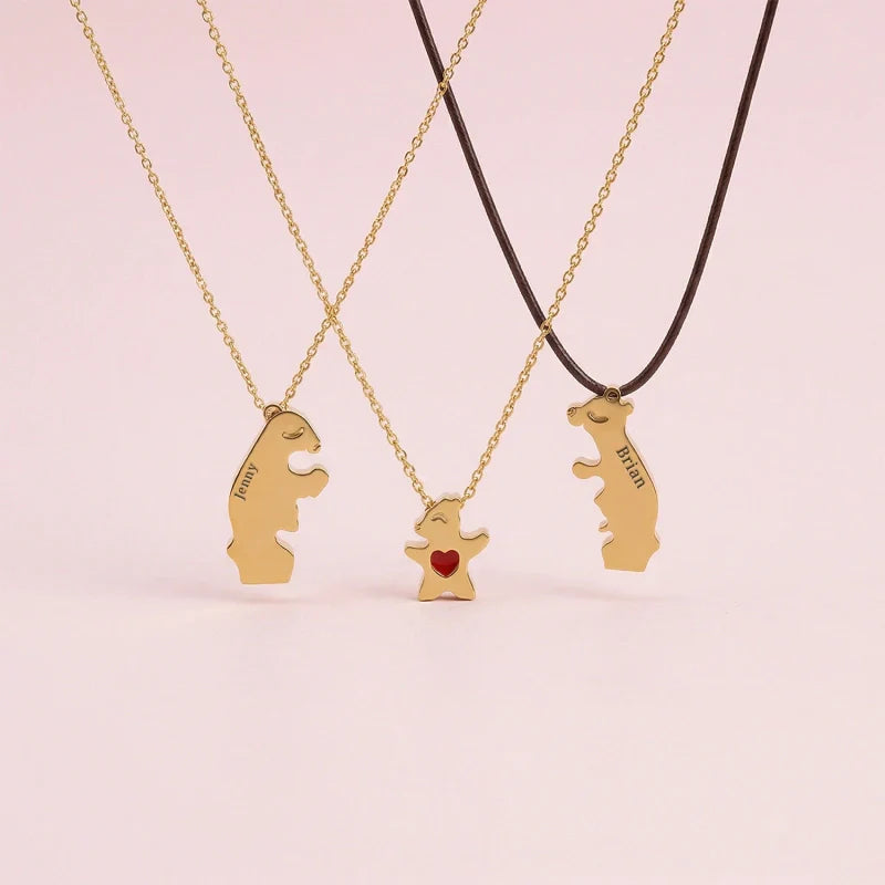Personalized Bear Family Necklace - 18K Gold Plated Custom Name Pendants