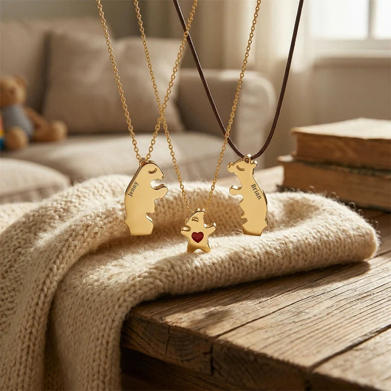 Personalized Bear Family Necklace - 18K Gold Plated Custom Name Pendants