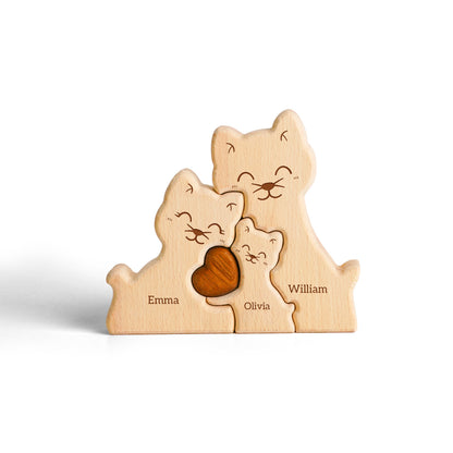 Wooden Cat Family Puzzle, Personalized Puzzles with 2-5 Names, Birthday Anniversary Wedding Gifts for Women Men, Customized Home Decor Housewarming Gifts for Parents Couple Friends