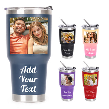 Customizedbee Personalized Tumbler with Picture Text Name Logo, 30oz Stainless Steel Custom Coffee Mug cup with Lid Straw, Anniversary Wedding Teacher Graduation Birthday Gifts for Women Men Kid