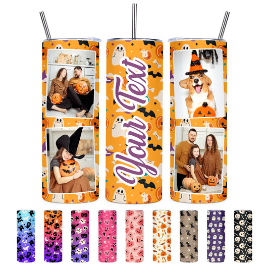 Halloween Decorations, Personalized Tumbler with Photo Text Name Straw Lid Personalized Gifts, 20oz Skinny Custom Tumbler Insulated Travel Coffee Mug for Halloween Party Favors