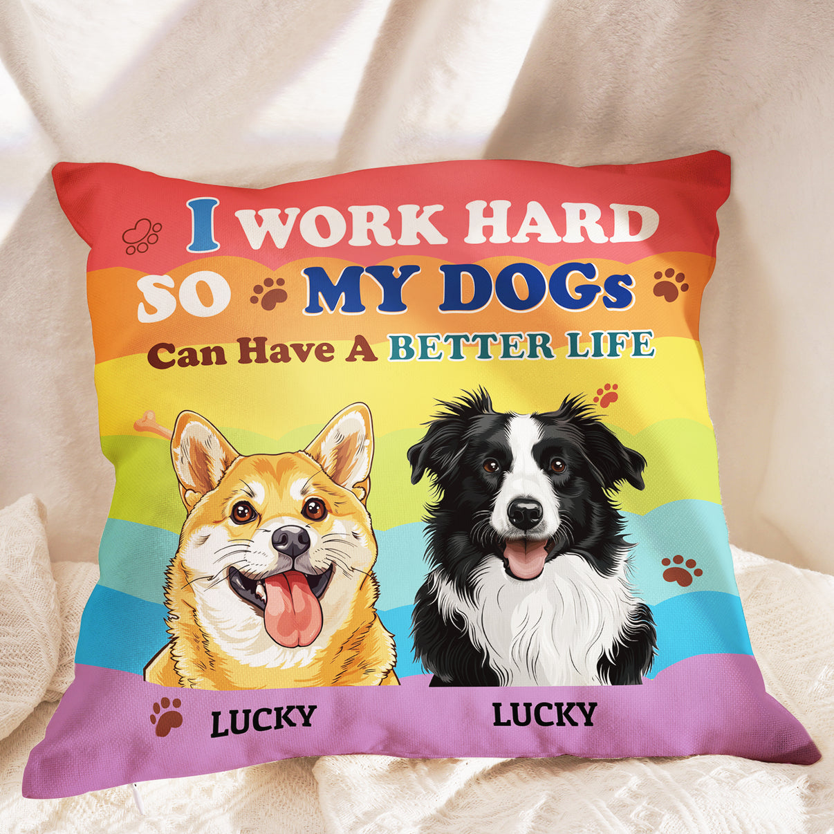 Rainbow pillow with customized pet pattern and name