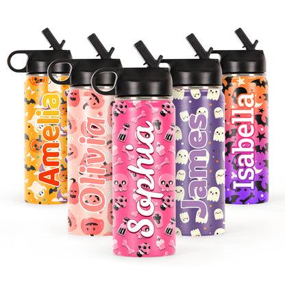 Personalized Halloween Water Bottle w/Name for Kids, 18oz Custom Insulated Sports Waterbottle w/Handle Straw & Lid for Kids, Customized Halloween Gifts for Girls Boys Halloween Decor