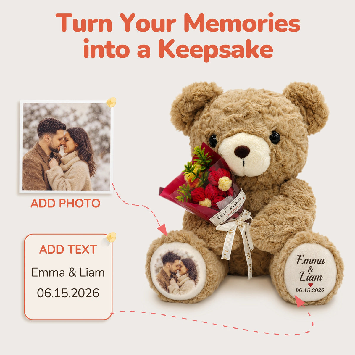Personalized Photo Teddy Bear with Bouquet Options