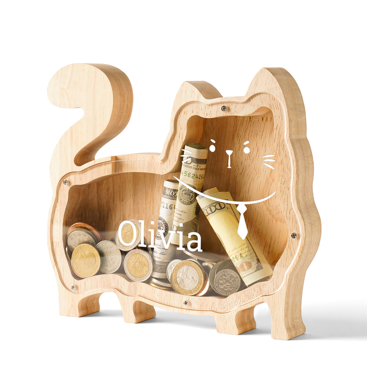 Wooden Cat Piggy Banks for Kids, Personalized Cat Coin Bank with Name, Custom Gifts for Kids Birthday & Decor, Wooden Cashbox Money Jar Educational Toy for Boys Girls
