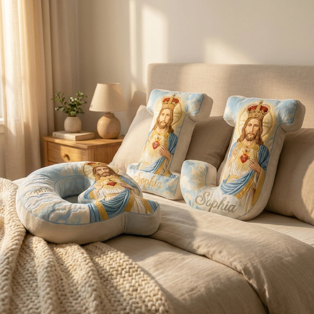 Personalized Jesus Cross Letter Pillow with Custom Name Home Decor Graphic 3D Print Pillow Religious Faith Gift for Christians Jesus Lover Gift
