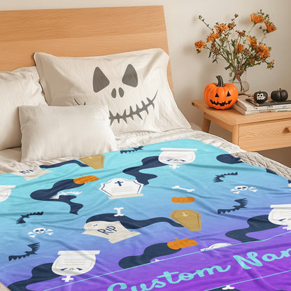 Custom Halloween Blanket with Name Text, Personalized Tombstone Ghost Blankets for Boys Girls, Unique Halloween Decorations Throw Blanket Gifts for Kids Women Men