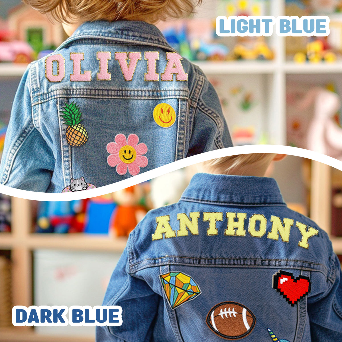 Kids Custom Jacket, Denim Patch Jacket with Personalized Name Tags, 1-3 Toddler 3-8 Kids Jean Jacket Back to School Outfits 1-2 Year Old Boy Birthday Gift 2-4 Year Old Girl Birthday Gift