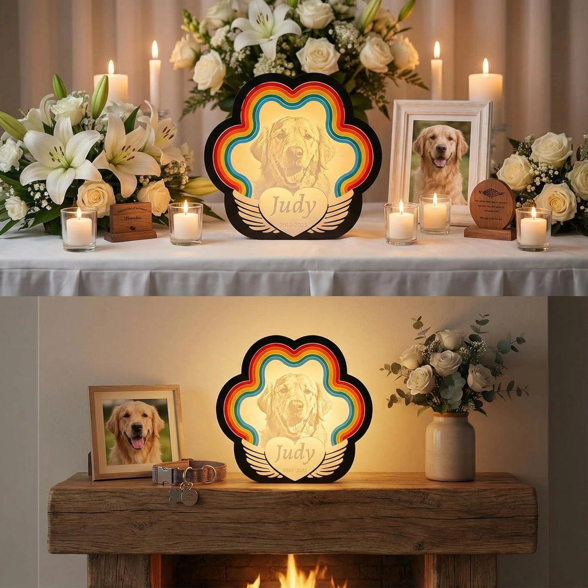 Custom Pet Memorial Night Light – Personalized 3D Printed Dog & Cat Photo Lamp with Rainbow Bridge & Angel Wings – Sympathy Gift for Pet Loss, Warm Bedside Decor, USB Powered (8 x 7.6 Inch)